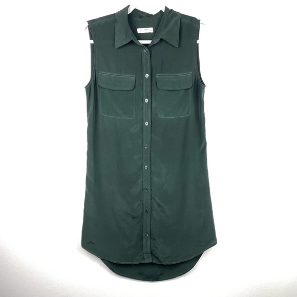 Equipment 100% Silk Dark Green Shirt Dress Size XS Button Front - Picture 1 of 6